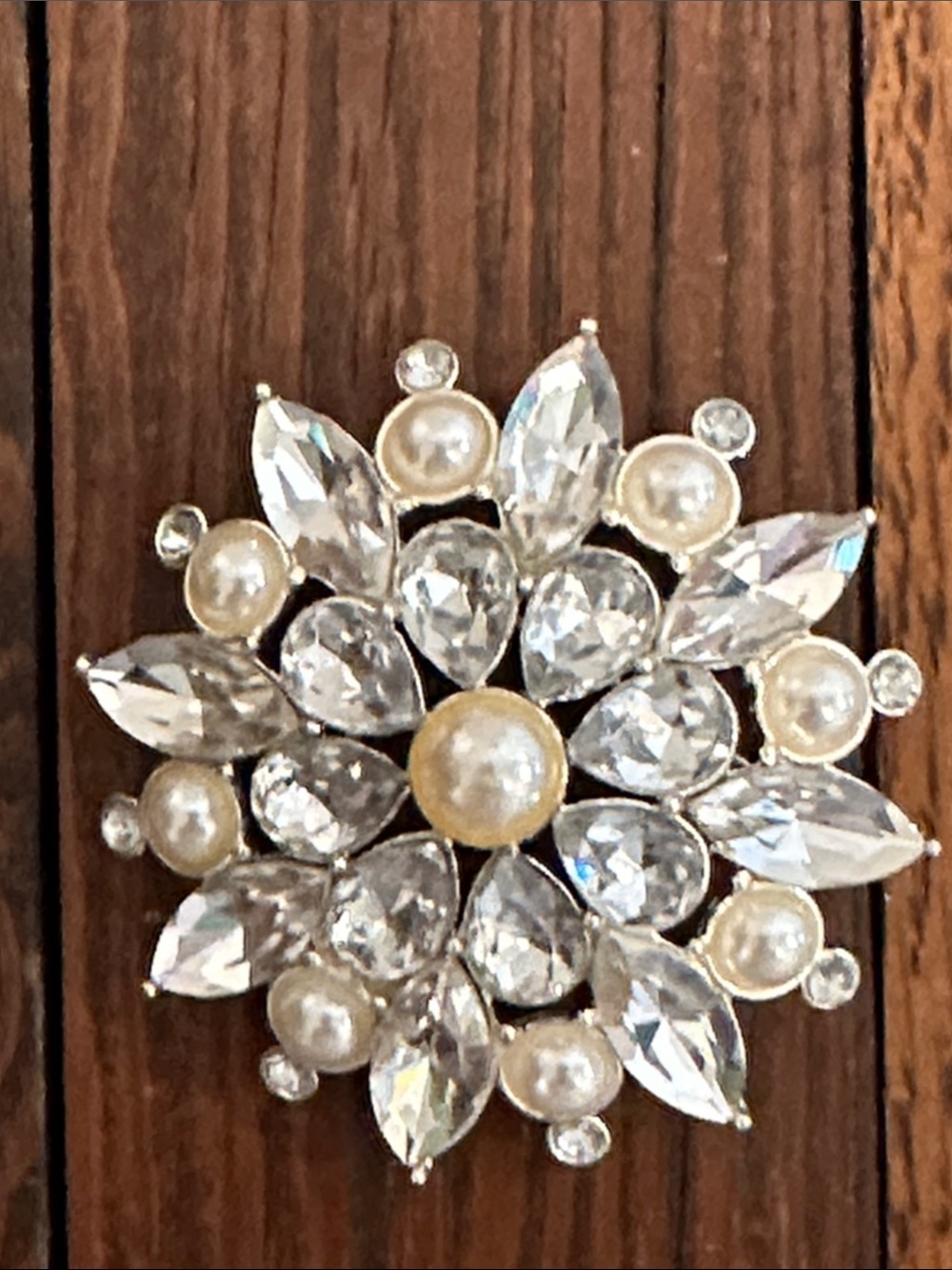 Avon Silver-Tone Crystal and Pearl Floral Brooch